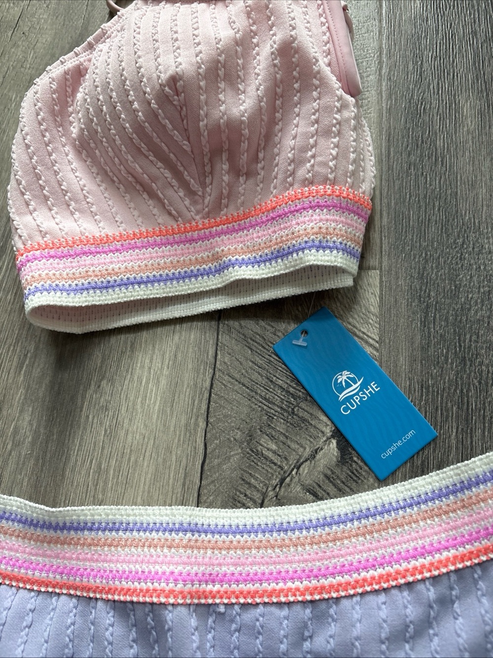 Cupshe Pink Knit Bikini Top with Pastel Stripe Band